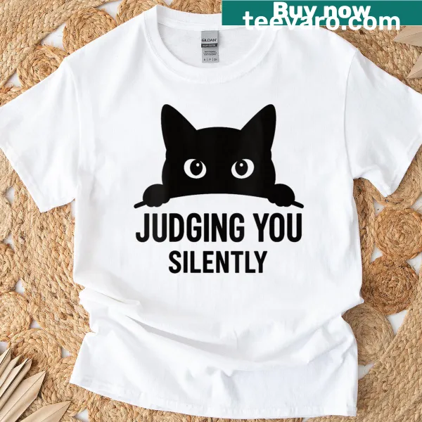 Funny cat graphic T-shirt depicting a cat judging you silently