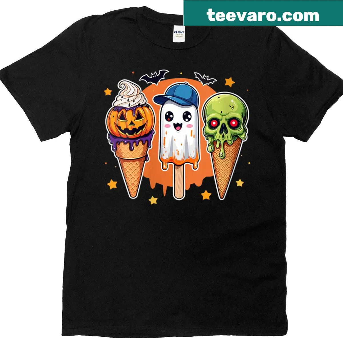 Funny Halloween shirt with ice cream ghost and pumpkin graphics — on a men's t-shirt