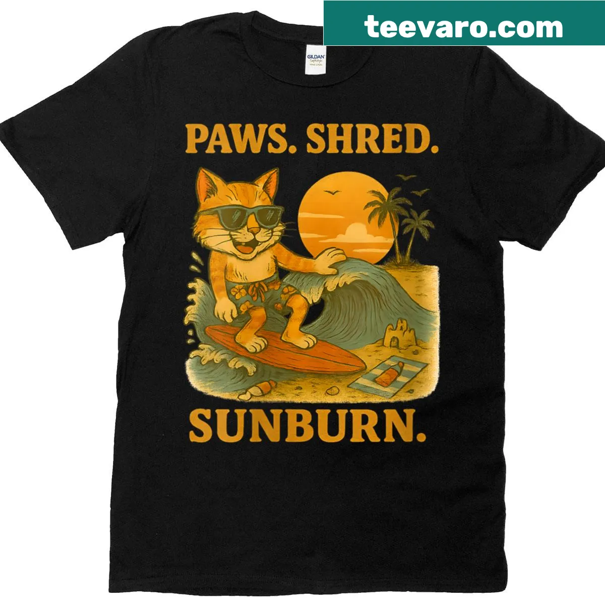 Illustration of a surfing cat on Funny Surfing Cat t-shirt — on a men's t-shirt