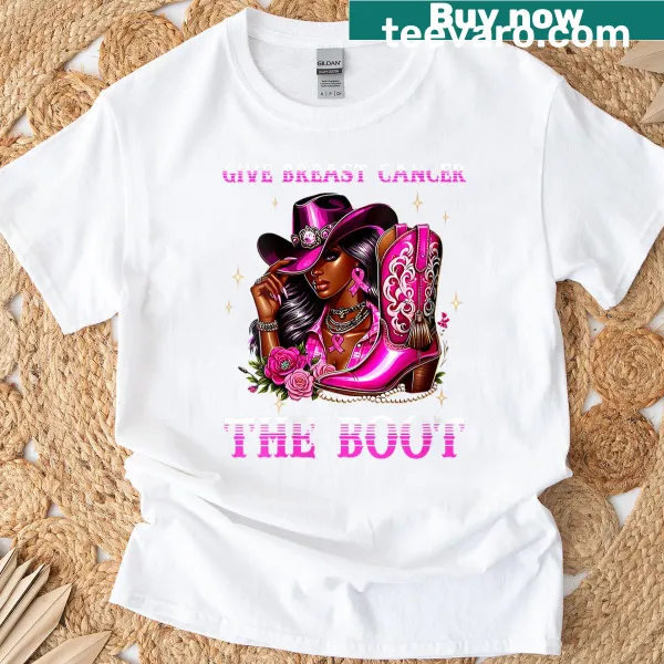 Cowgirl-themed T-shirt with breast cancer awareness ribbon