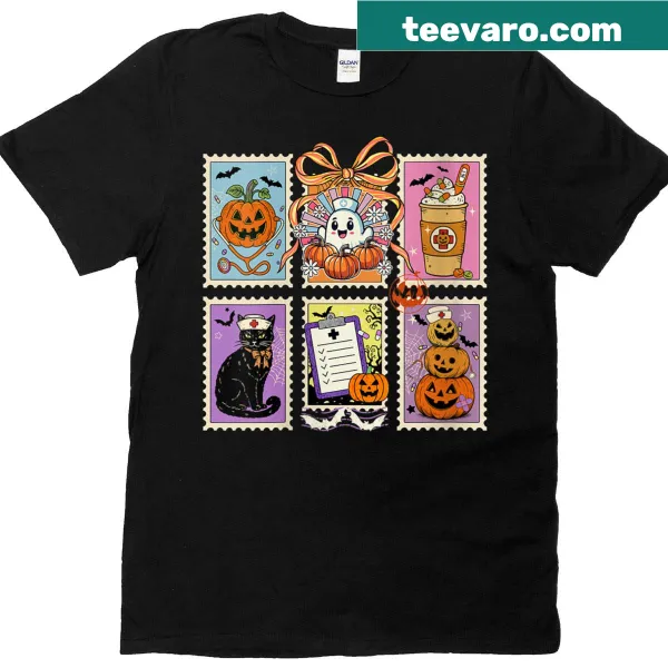 Vintage Halloween nurse shirt with funny postage stamp design