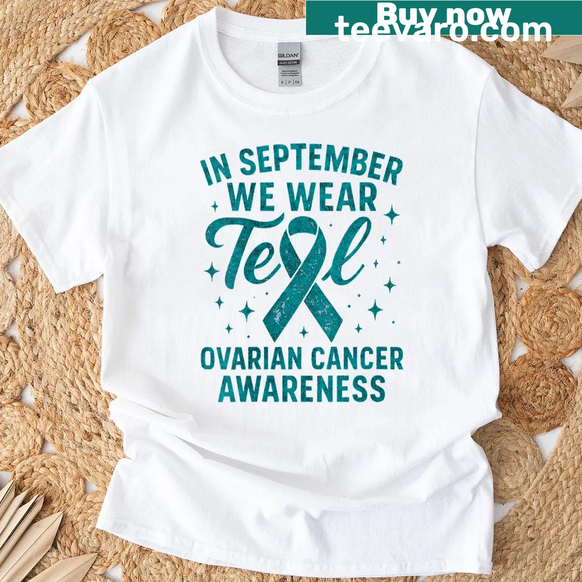 Ovarian cancer awareness graphic T-shirt with teal message — on a men's t-shirt