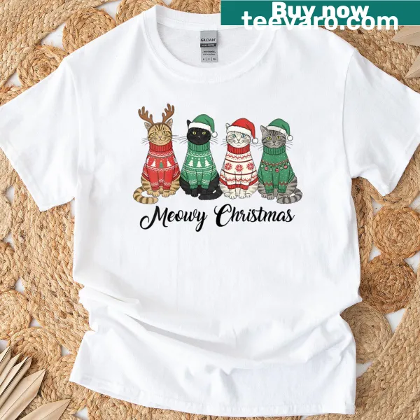 Cute Santa cat with reindeer illustration on a Christmas t-shirt