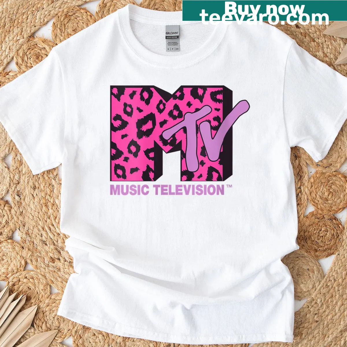 MTV logo t-shirt with playful leopard print design for women. — on a men's t-shirt
