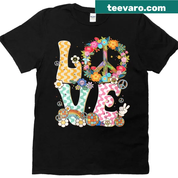 Hippie-style t-shirt with a peace sign and love theme