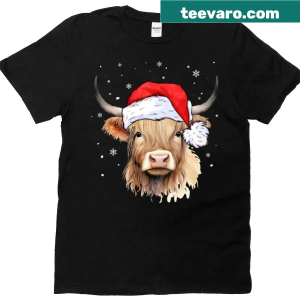Scottish Highland cow in Santa hat for Christmas
