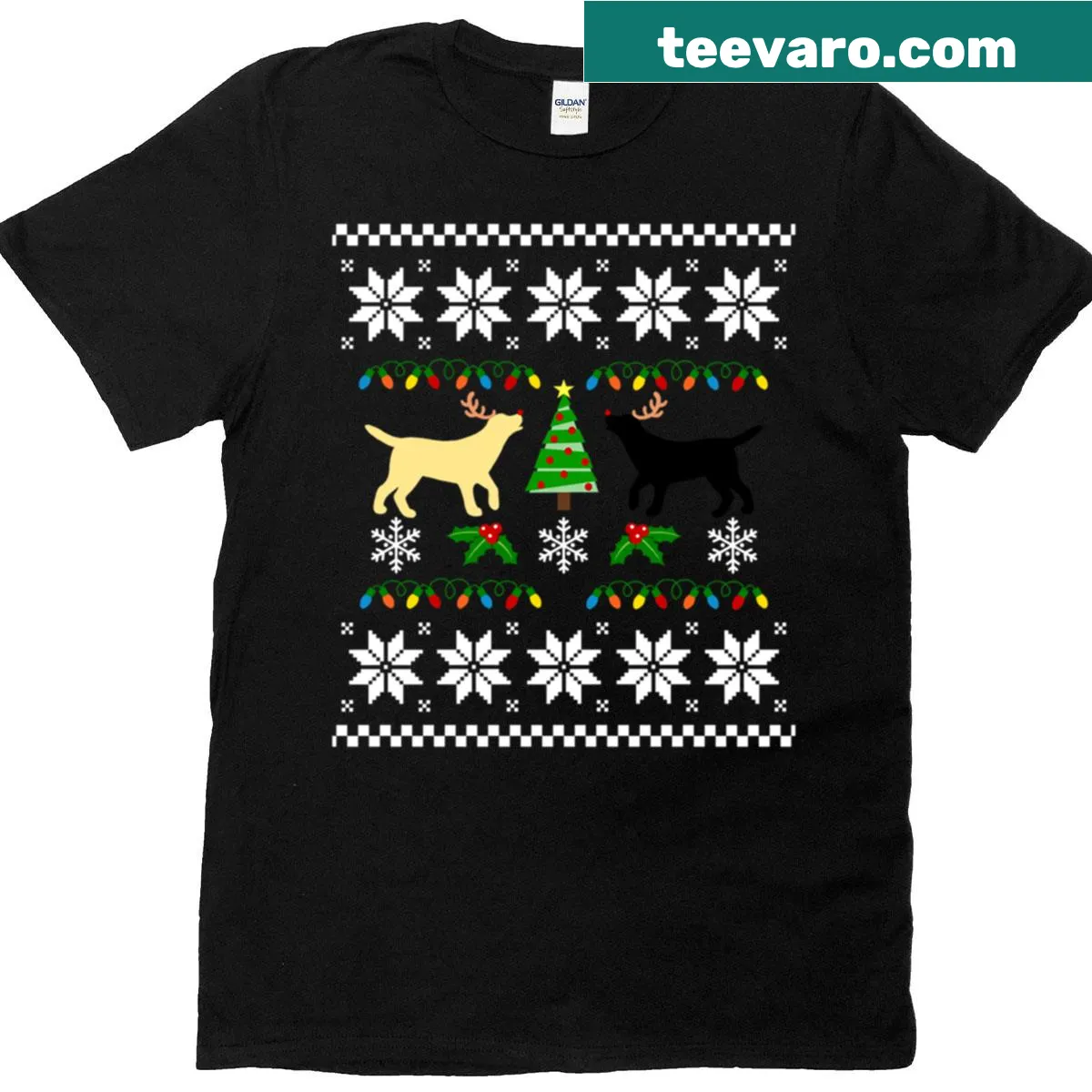 Funny Christmas t-shirt featuring yellow and black Labradors in a holiday pattern — on a men's t-shirt