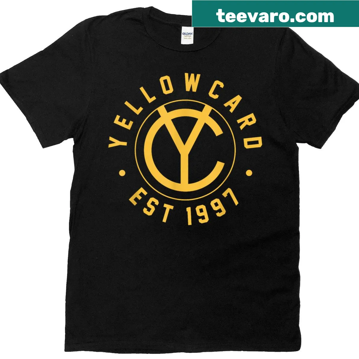 Yellowcard logo t-shirt in bright yellow for band fans — on a men's t-shirt