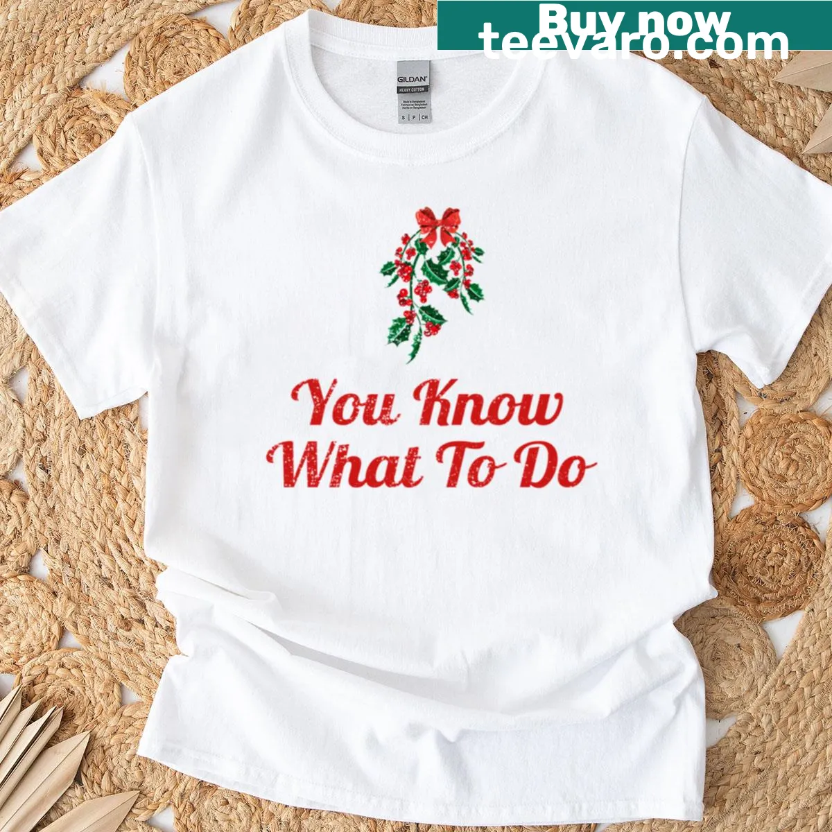 Funny Christmas t-shirt with mistletoe saying. — on a men's t-shirt