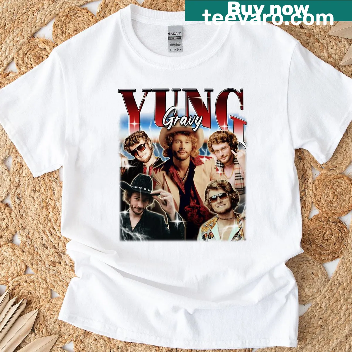 Retro collage tee celebrating Yung Gravy and 90s music — on a men's t-shirt