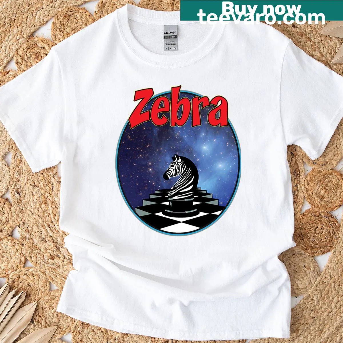 Zebra chess piece on a cosmic chessboard t-shirt design — on a men's t-shirt