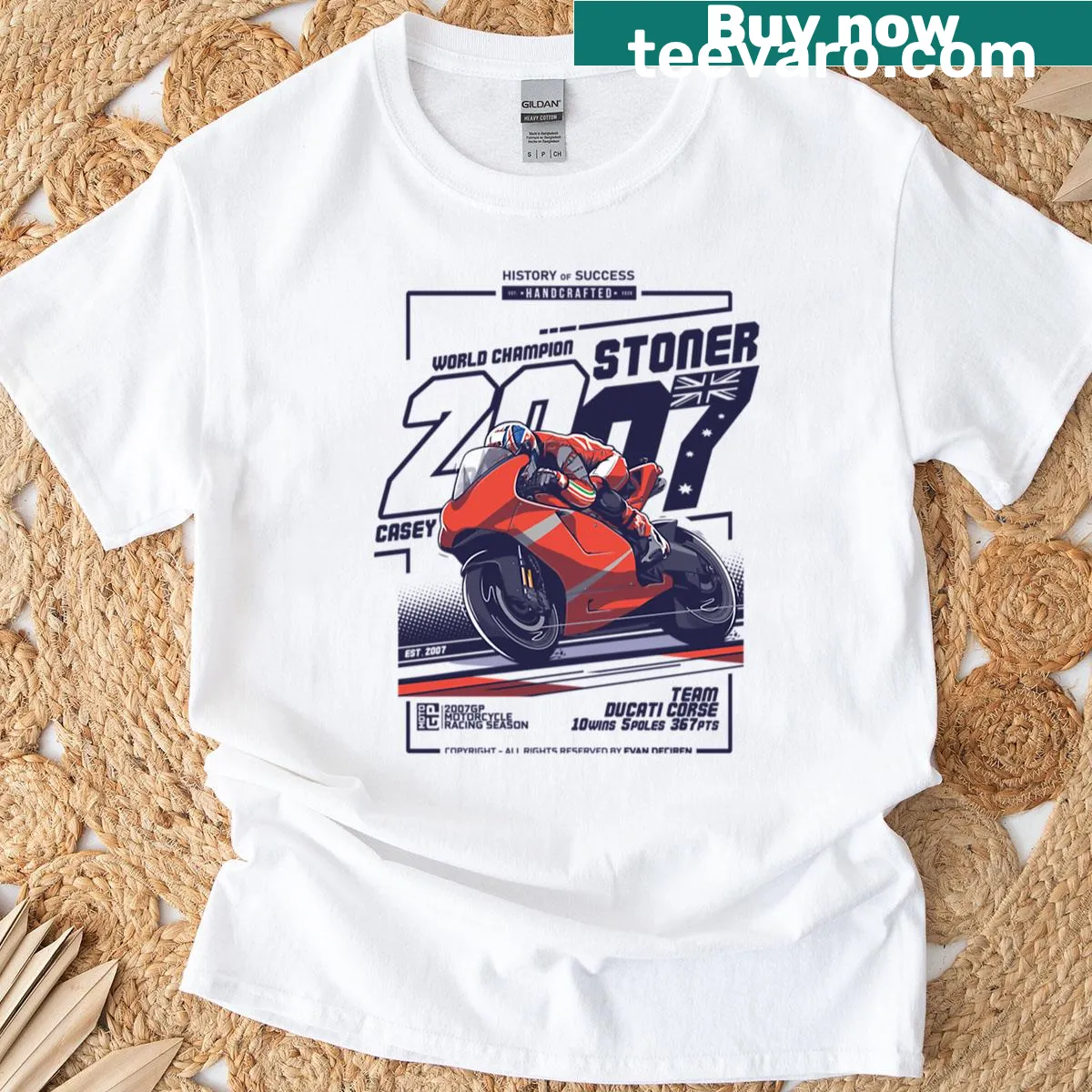 Motorsport-themed t-shirt with the text '2007 MotoGP World Champion' — on a men's t-shirt