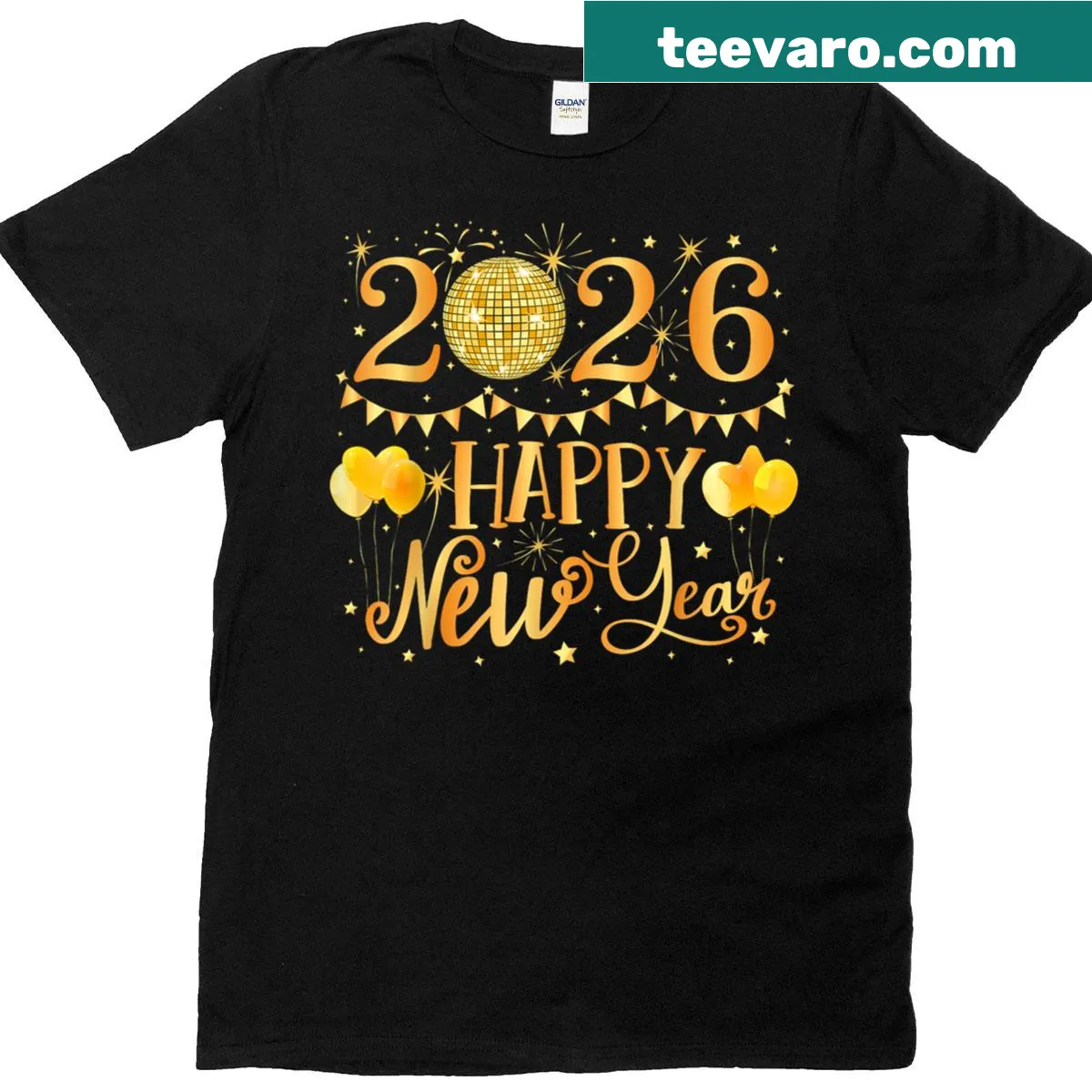 Cheerful t-shirt celebrating New Year 2026 with festive typography. — on a men's t-shirt