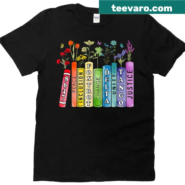 Cute book-themed shirt with flowers and phonetic alphabet terms
