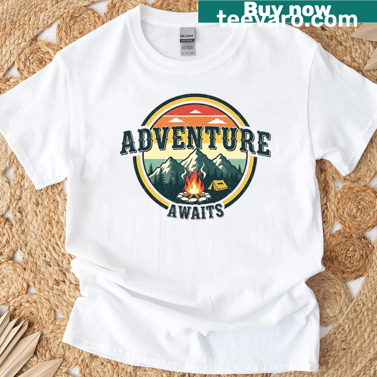 Illustrated t-shirt with a nature theme celebrating adventure and exploration — on a men's t-shirt