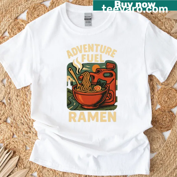 Playful ramen-themed t-shirt with a whimsical graphic and bold text