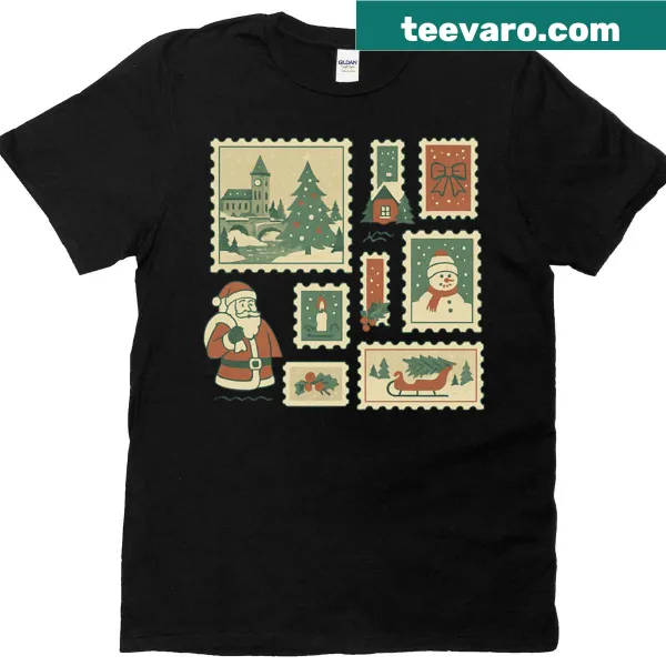 Vintage Christmas stamp collage t-shirt celebrating Ontario's holiday magic