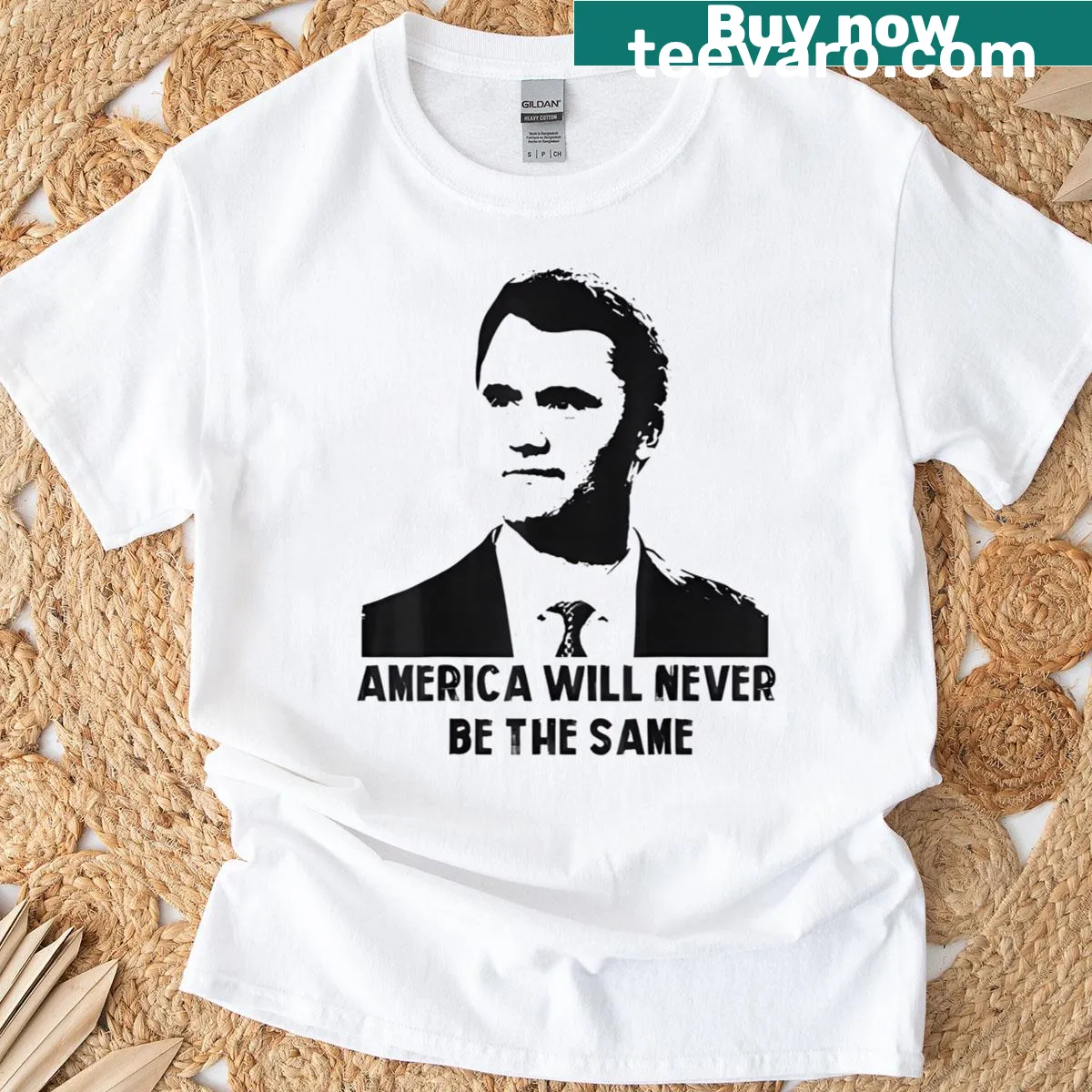T-shirt featuring typographic design: America Will Never Be The Same — on a men's t-shirt