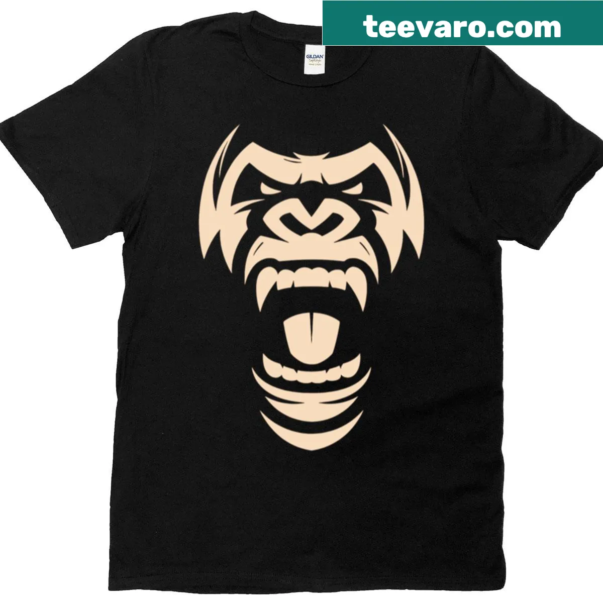 Bold black and white angry gorilla face graphic T-shirt — on a men's t-shirt