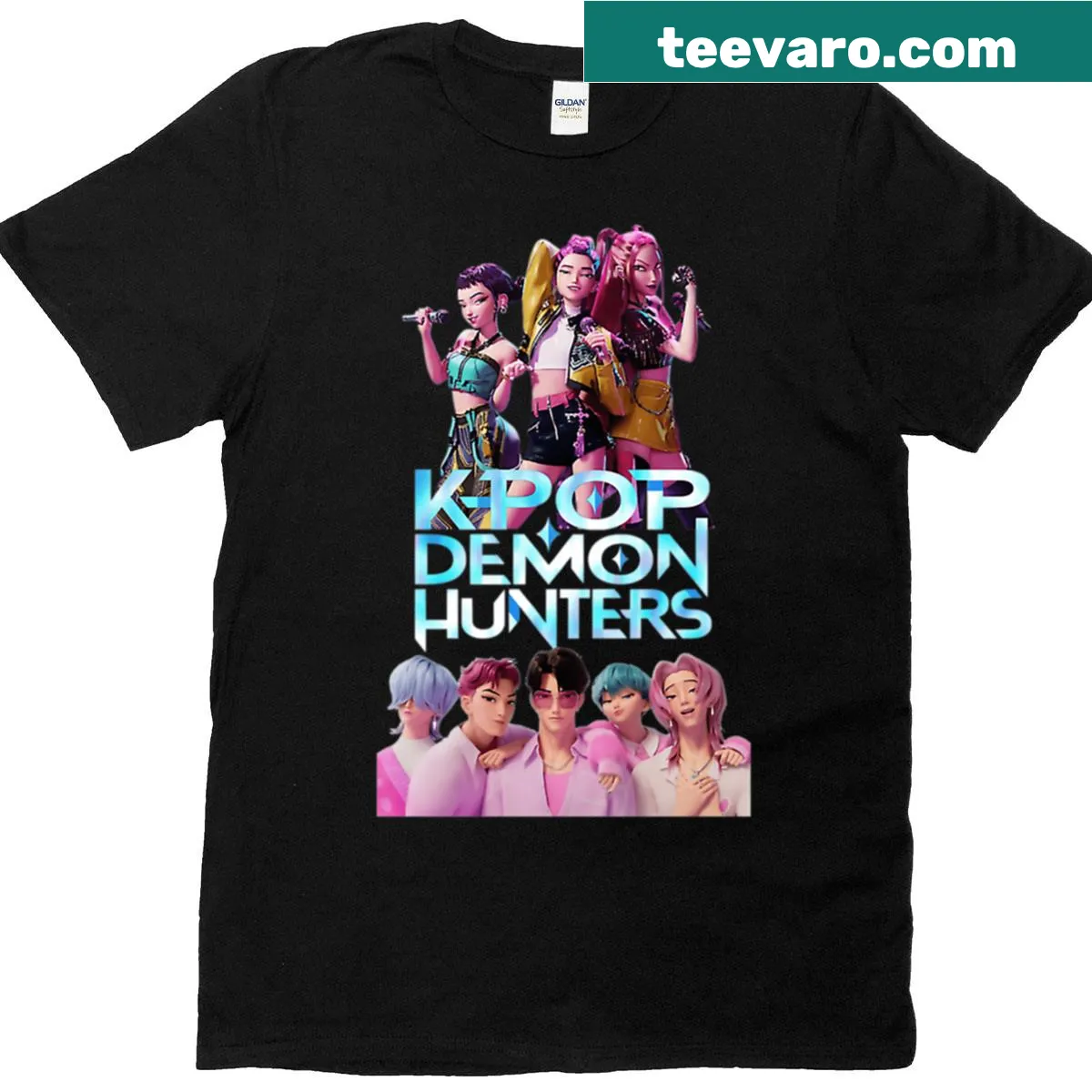 Stylish T-shirt featuring a K-pop animated films logo design — on a men's t-shirt