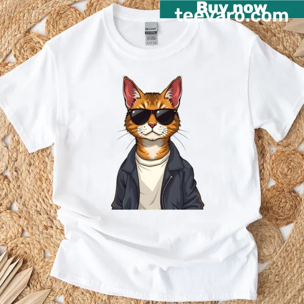 Cartoon T-shirt featuring a sunglasses-wearing anthropomorphic cat