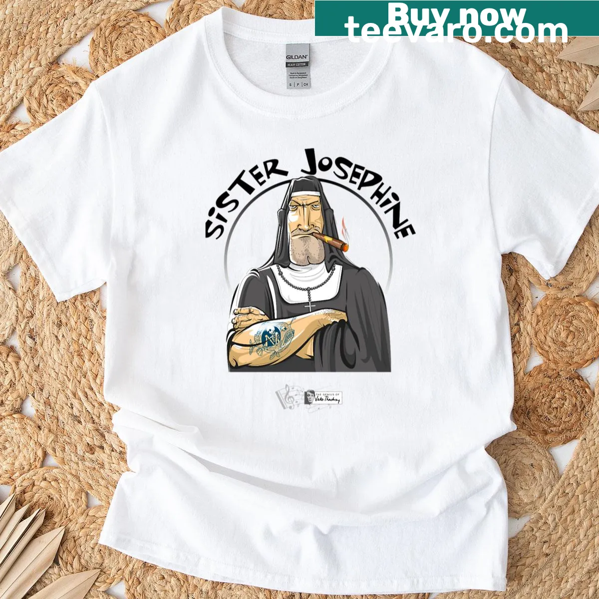 Art inspired by Jake Thackray's Sister Josephine on oversized T-shirt — on a men's t-shirt