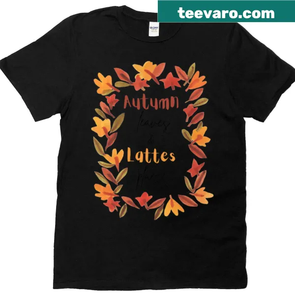 Playful t-shirt with the phrase 'Atum Leaves Lattes Please' and coffee-themed graphics