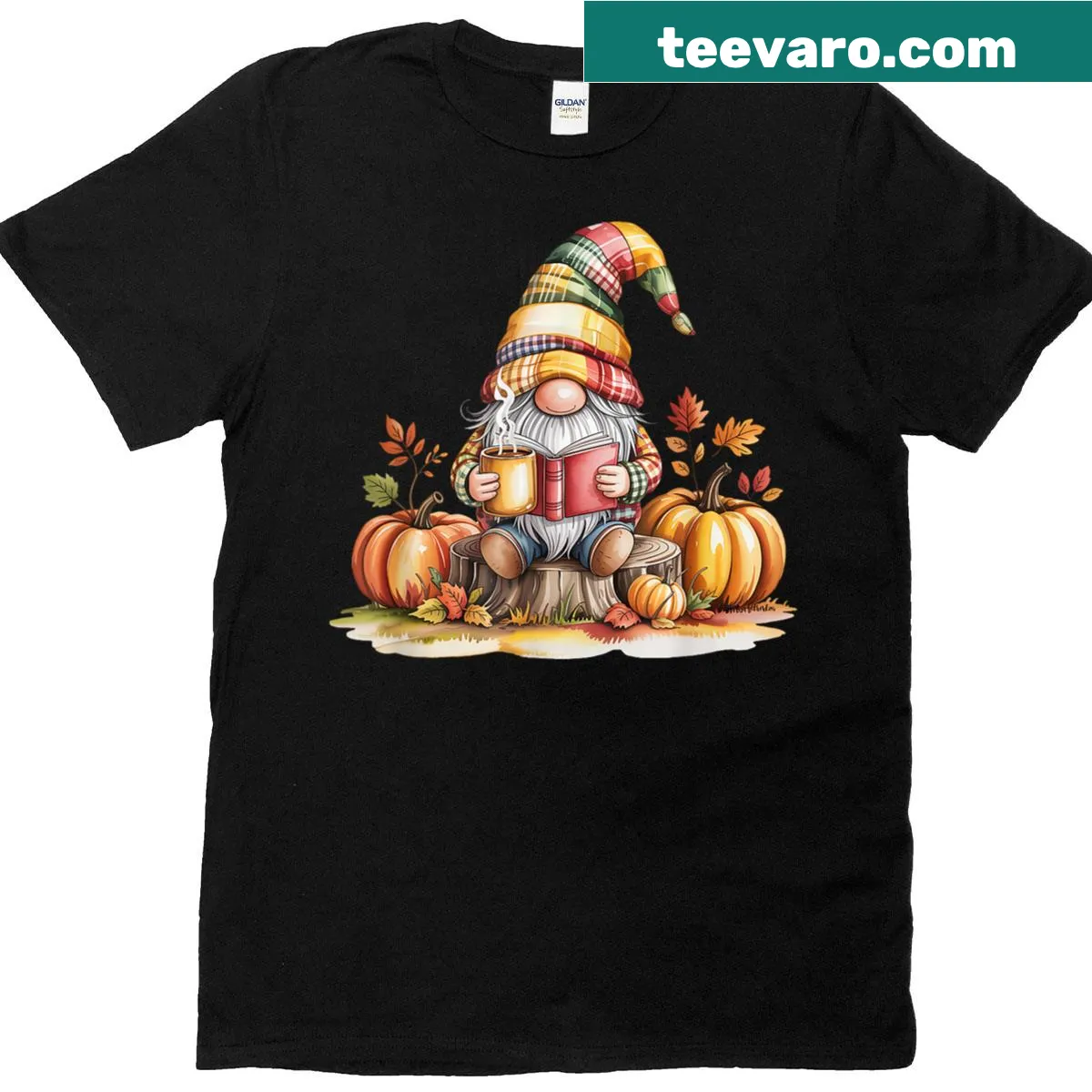 Whimsical gnome reading a book surrounded by pumpkins on a T-shirt — on a men's t-shirt