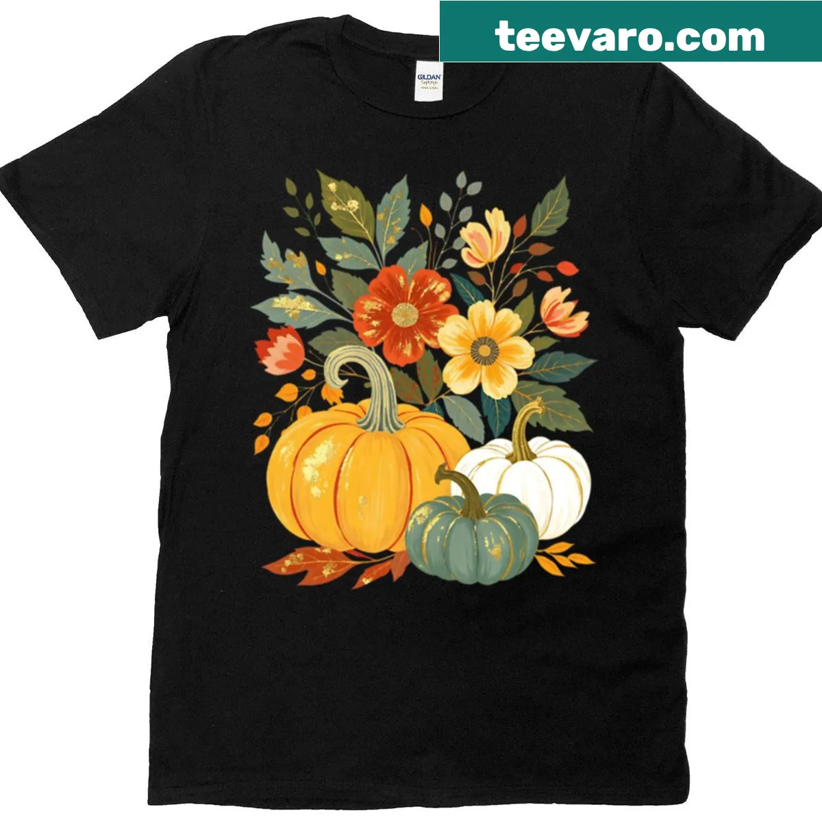 Vintage-inspired T-shirt featuring pumpkins and floral elements for fall lovers. — on a men's t-shirt