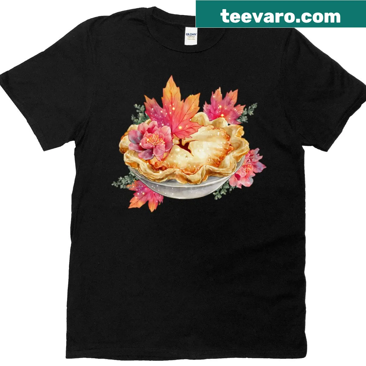 Artistic autumn-themed oversized t-shirt featuring pies and maple leaves — on a men's t-shirt