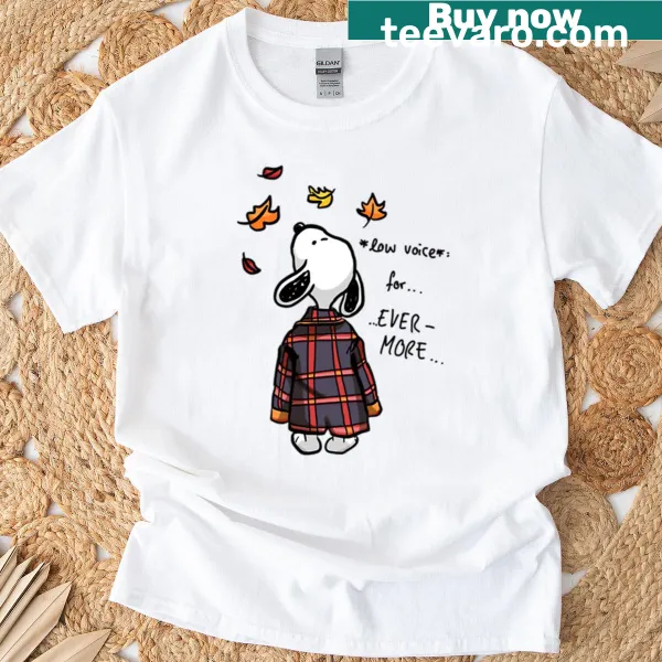 Snoopy-themed t-shirt showcasing autumn leaves and a dog.