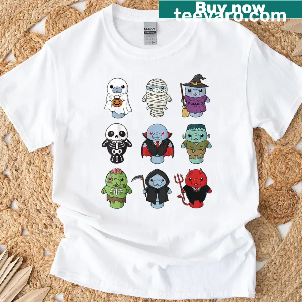 Kids T-shirt with a baby manatee dressed as a ghost zombie witch