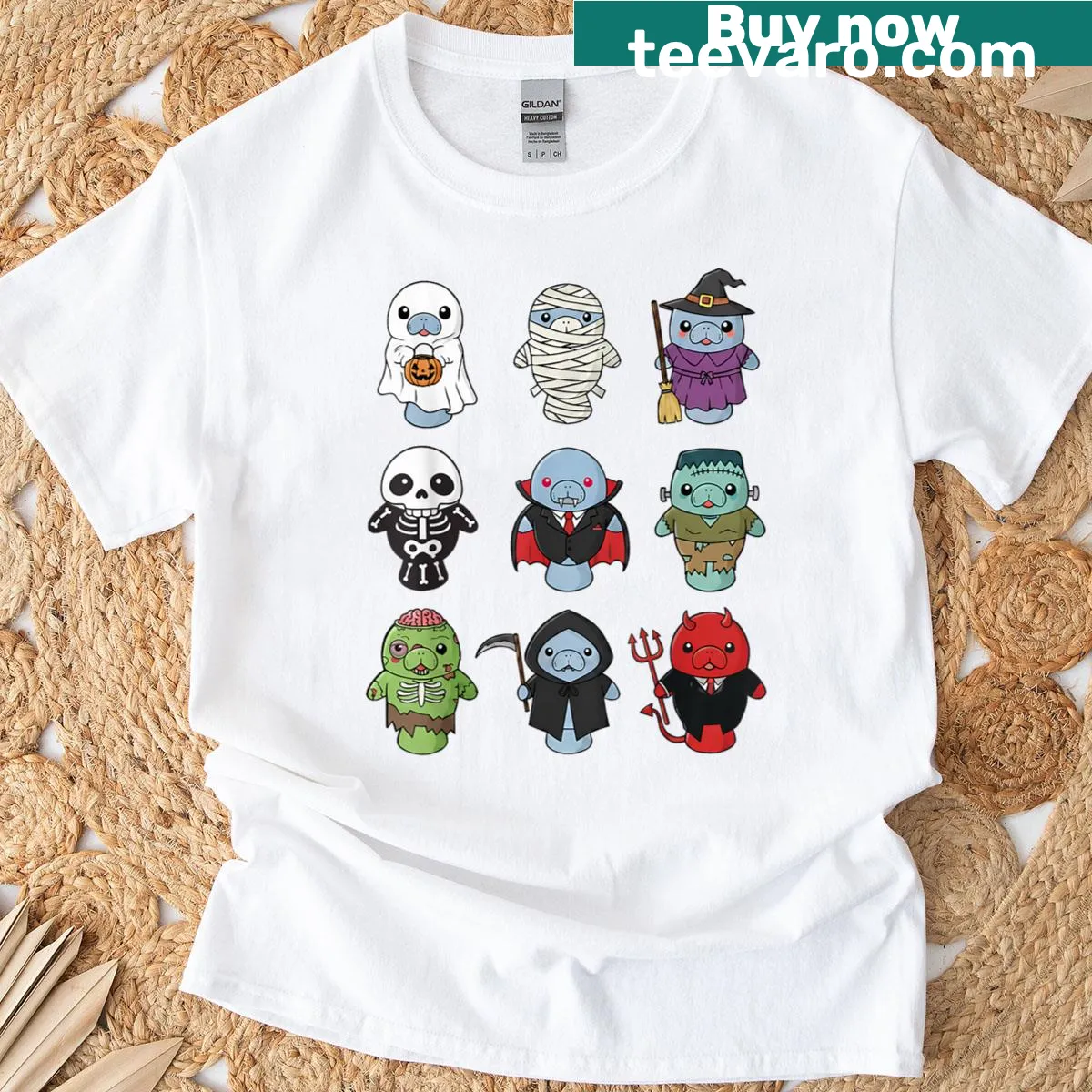 Kids T-shirt with a baby manatee dressed as a ghost zombie witch — on a men's t-shirt