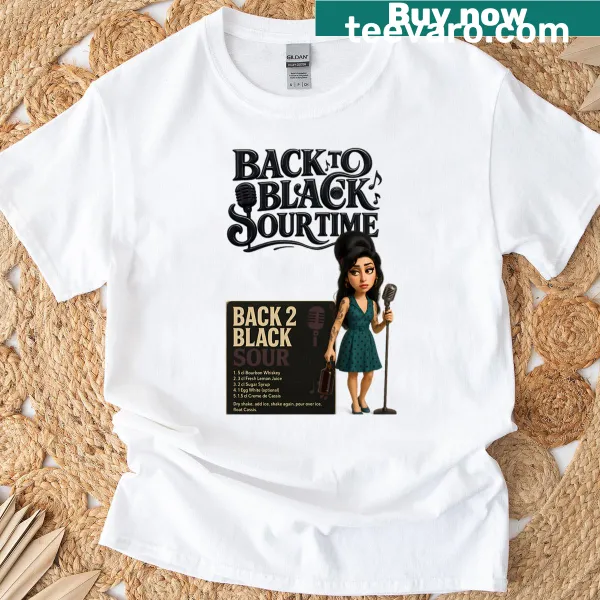 T-shirt featuring retro cocktail poster design with musical elements