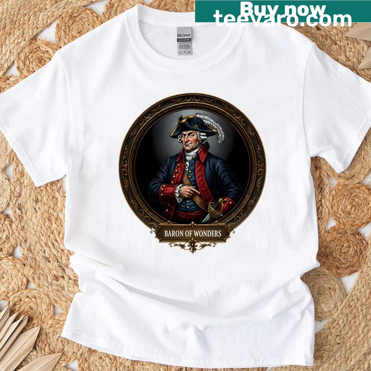 Illustrative T-shirt featuring Baron Munchausen — on a men's t-shirt