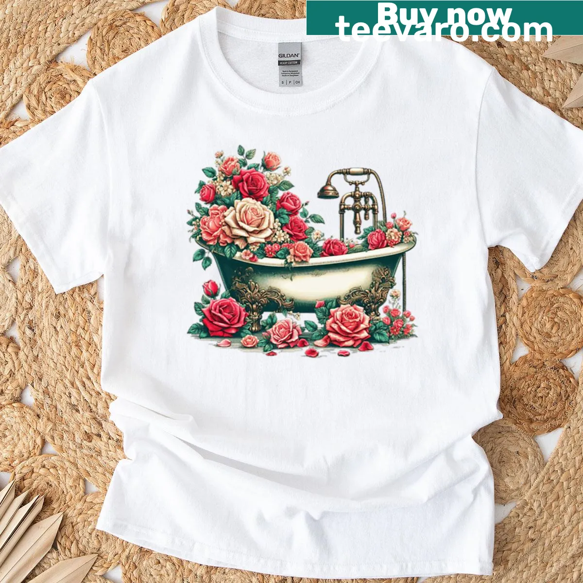 T-shirt featuring a vintage bath illustration with roses — on a men's t-shirt