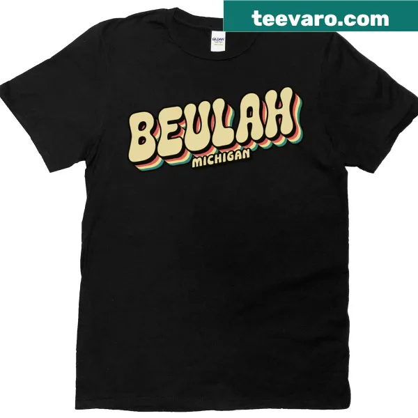 Retro oversized t-shirt featuring a rainbow design and Beulah Michigan text.