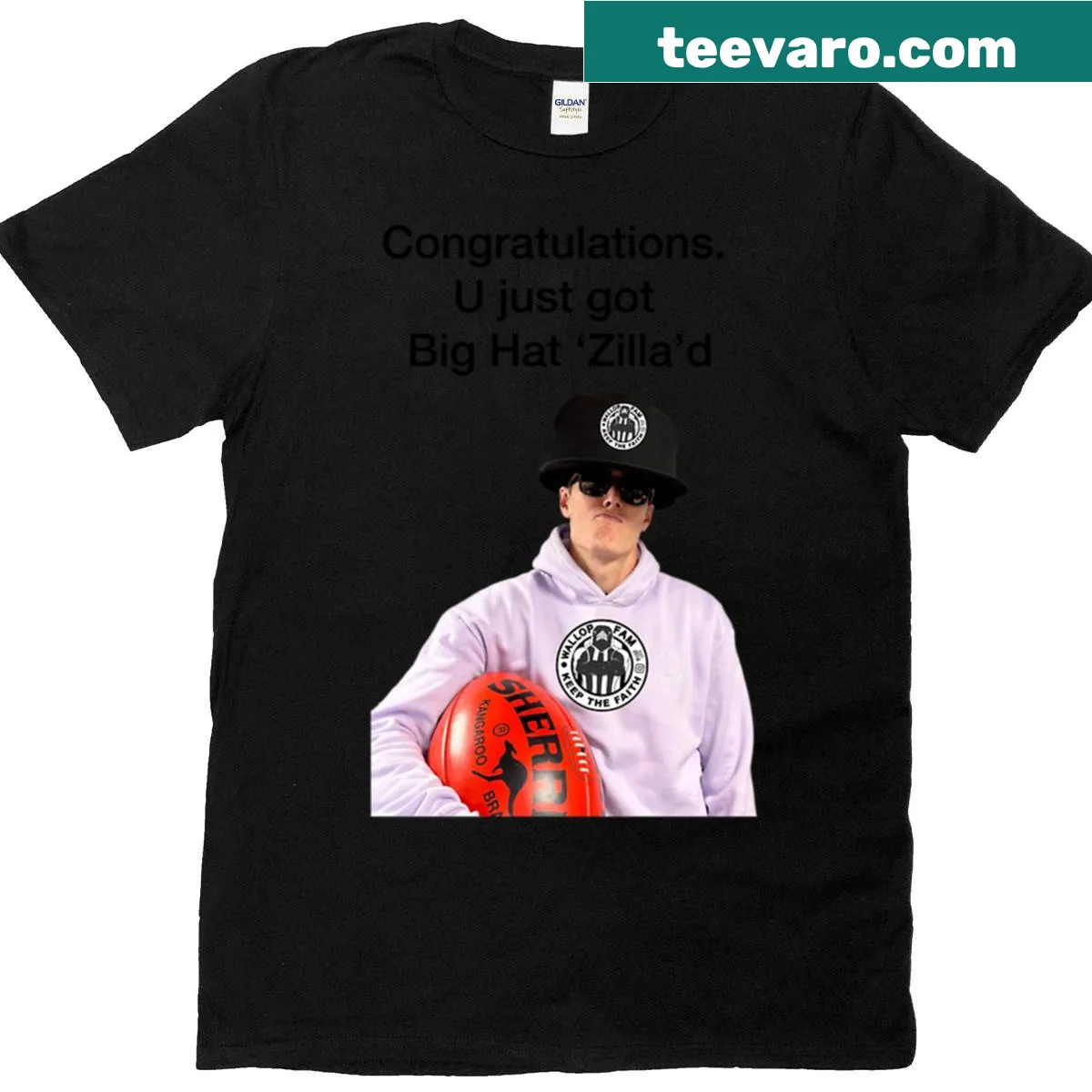 Graphic T-shirt with a creature in a big hat design. — on a men's t-shirt