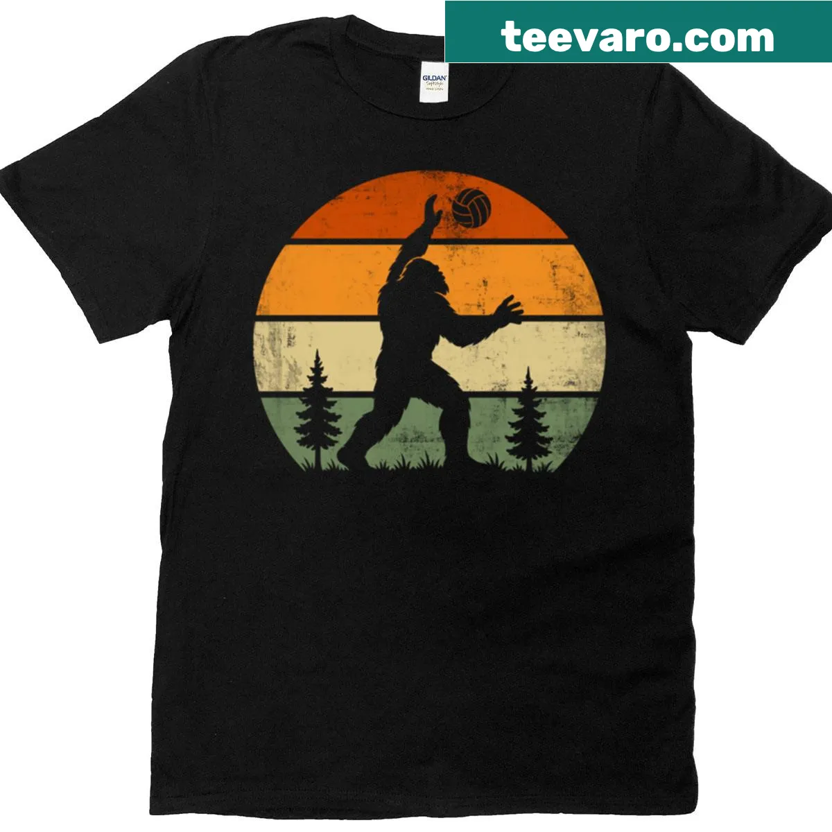 Bigfoot playing volleyball illustration on a vintage sunset background — on a men's t-shirt