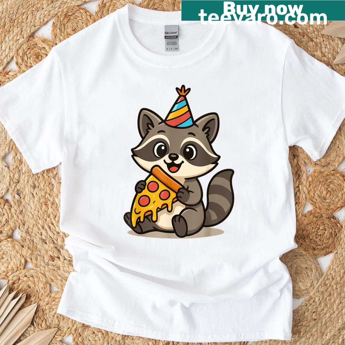 Cute kawaii raccoon pizza t-shirt for kids' birthday — on a men's t-shirt