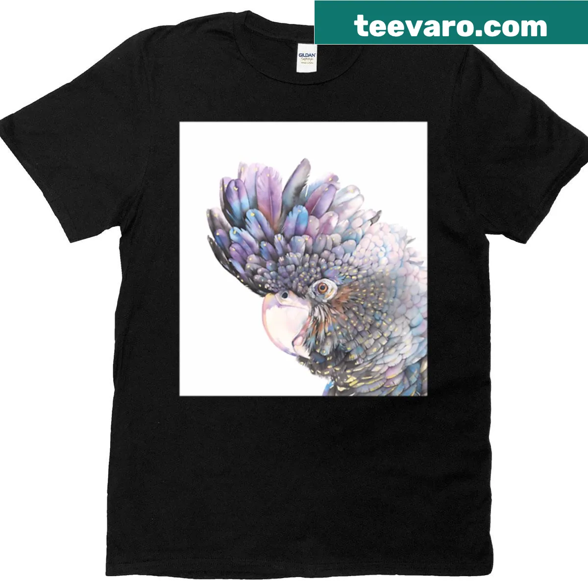 T-shirt featuring an artistic representation of a black cockatoo — on a men's t-shirt