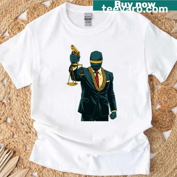 Gangster-style illustration of blind justice on a T-shirt