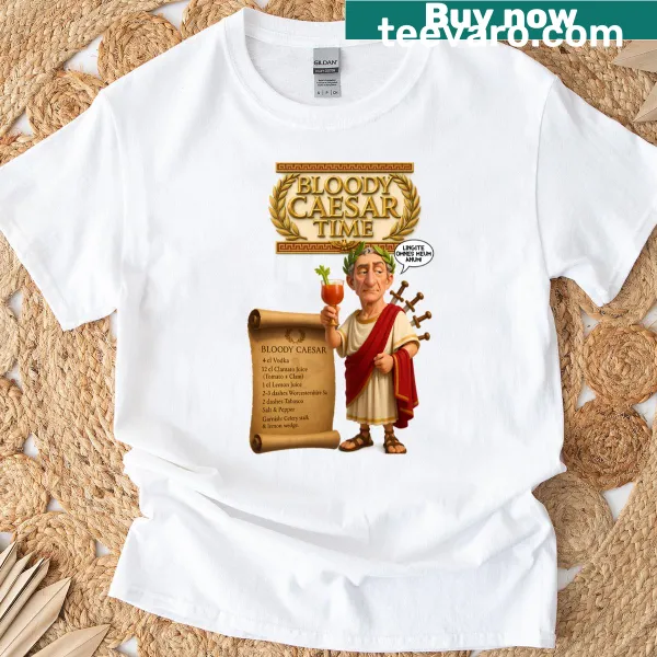 Vintage-style t-shirt featuring a Bloody Caesar cocktail poster with Roman elements
