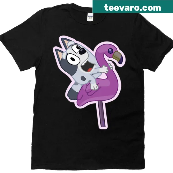 Whimsical illustration of a blue dog with a muffin and flamingo