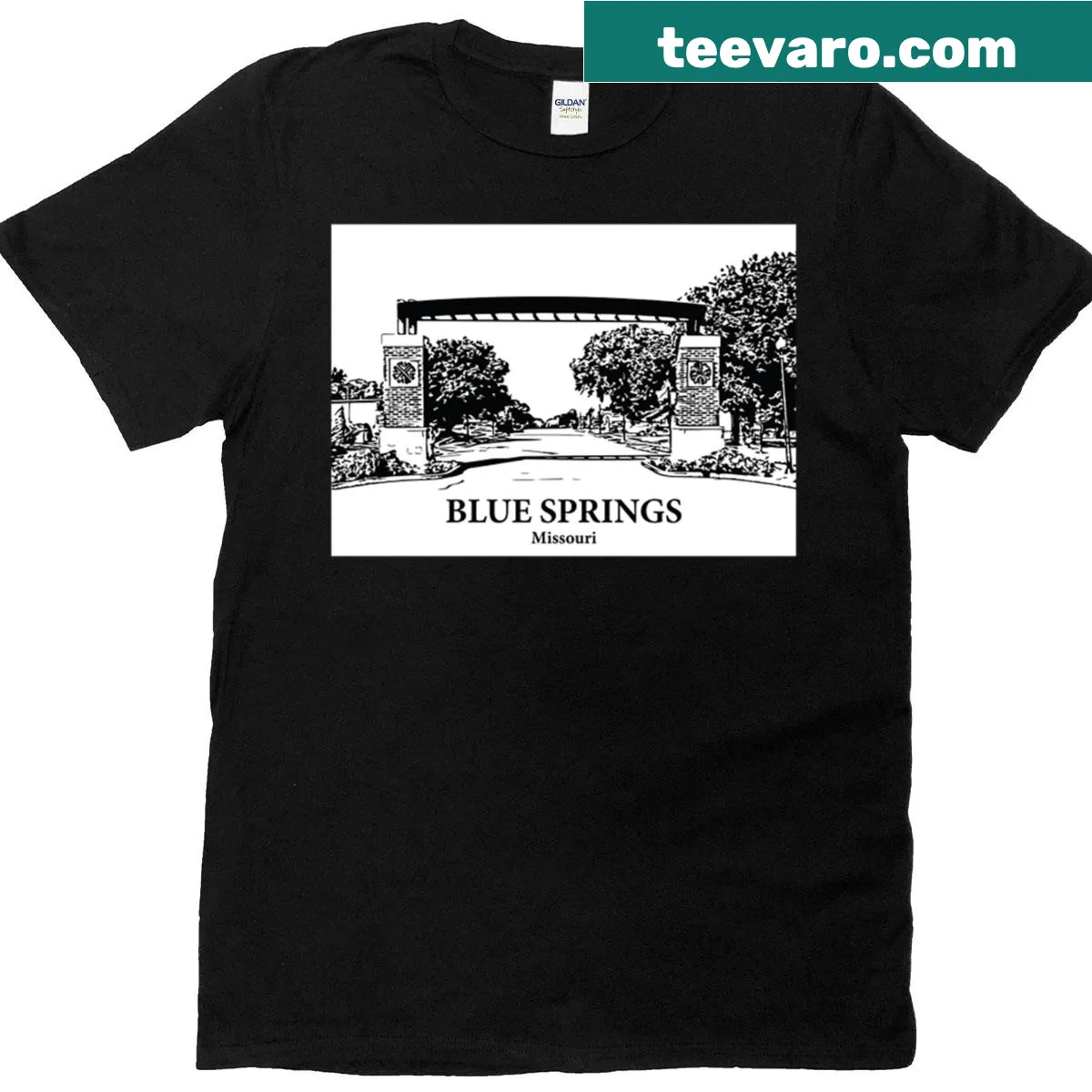 Illustrated T-shirt showcasing Blue Springs, Missouri — on a men's t-shirt
