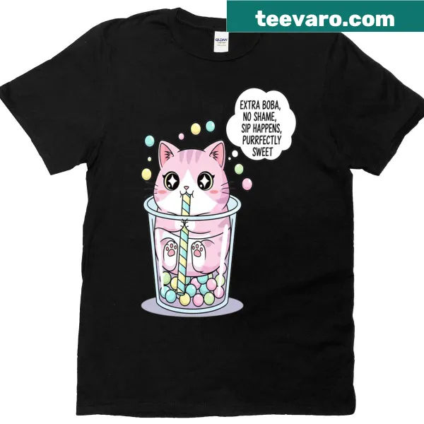 Kawaii t-shirt with a chubby cat design inside a bubble tea cup and colorful boba pearls.