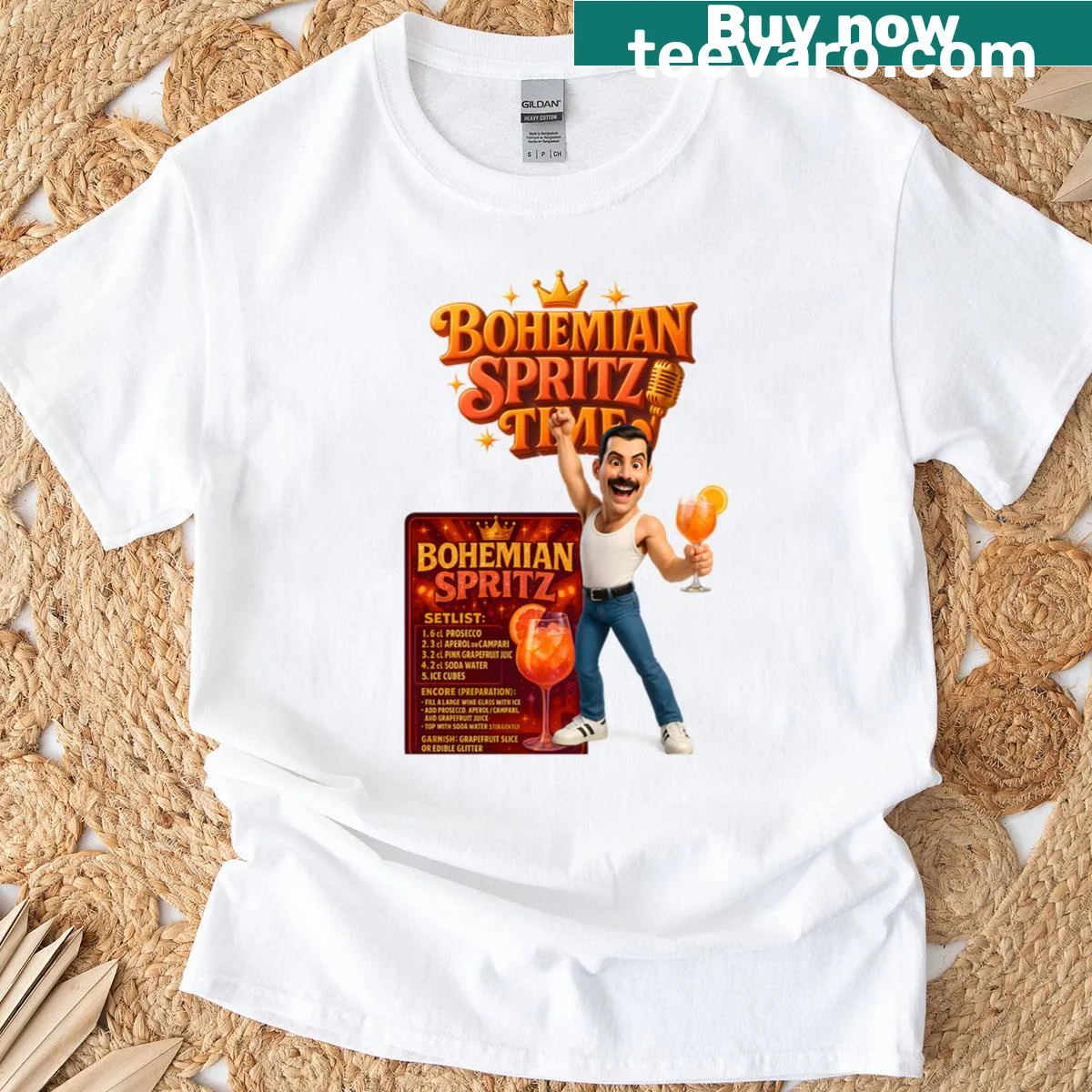 Retro cocktail design T-shirt with rock legends theme — on a men's t-shirt