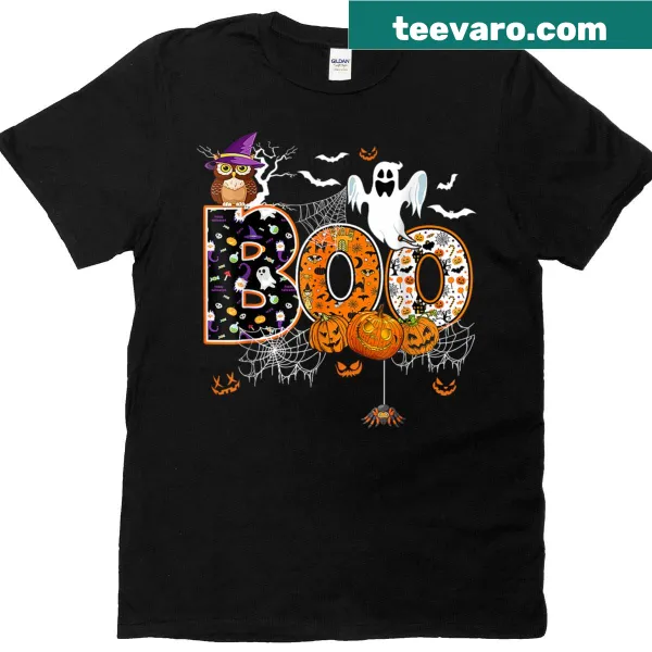 Halloween T-shirt with a creepy owl, pumpkin, and ghost design