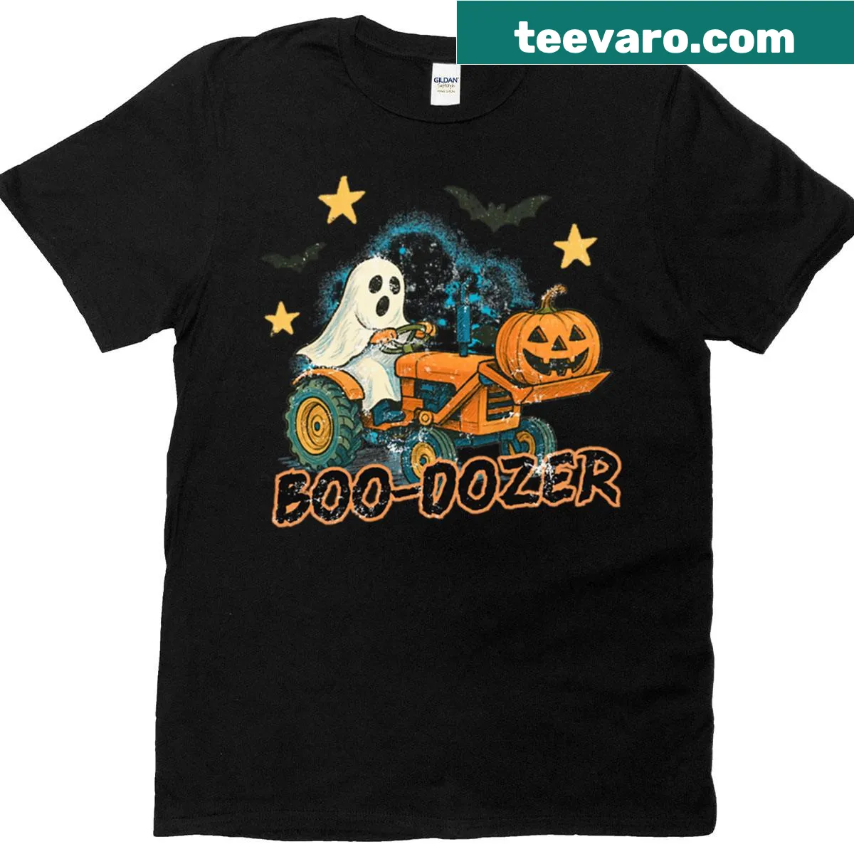 Halloween t-shirt featuring a cartoon bulldozer with spooky designs — on a men's t-shirt