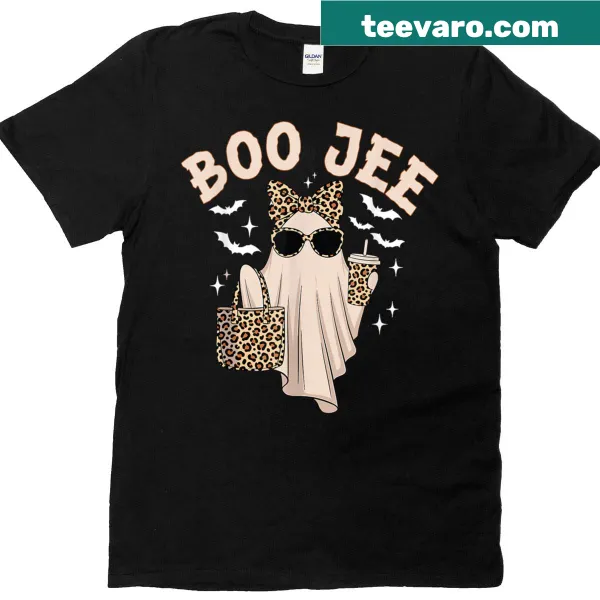 Cute Halloween T-shirt with a playful ghost graphic saying 'Boo Jee Boujee'.